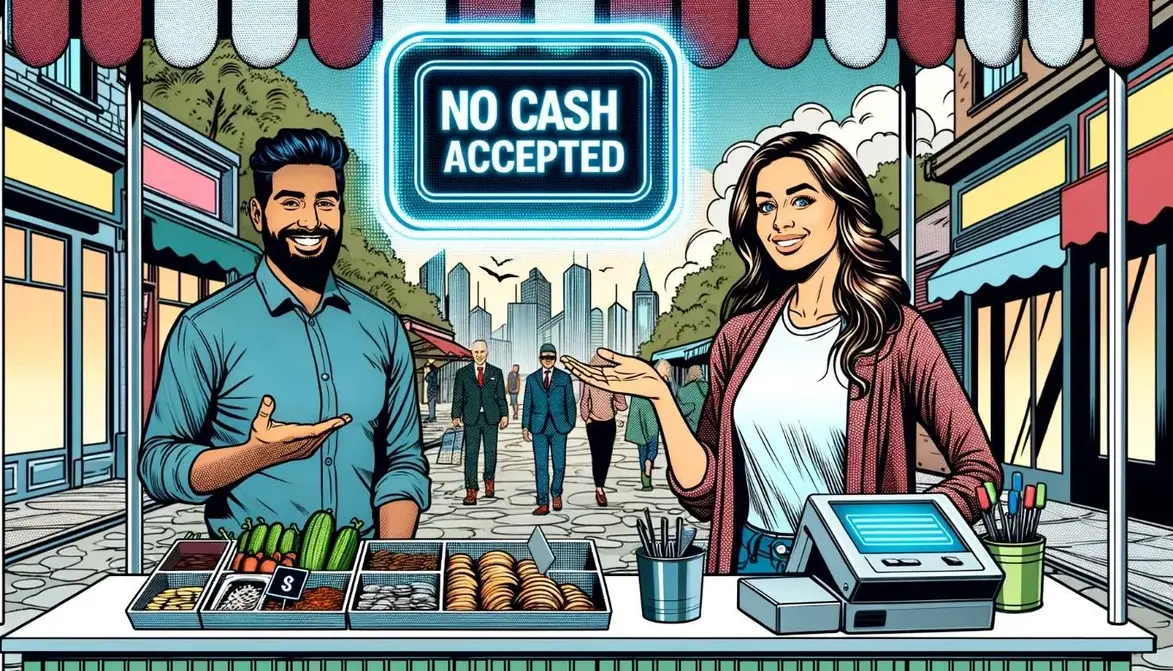 Illustration of modern sellers pointing to the “No Cash Accepted” signboard.