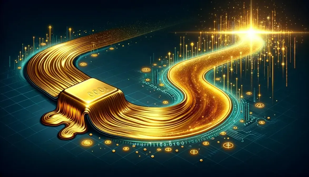 An illustration showing gold melting into its digital avatar