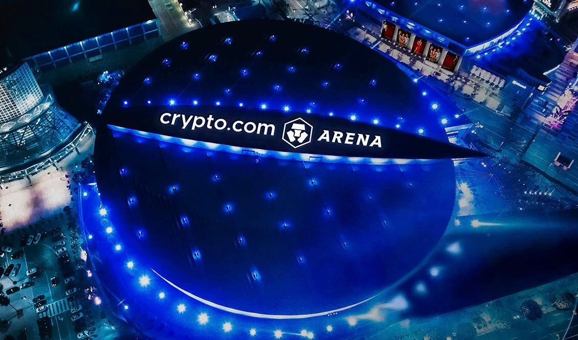 An aerial view of the Crypto.com Arena at night.