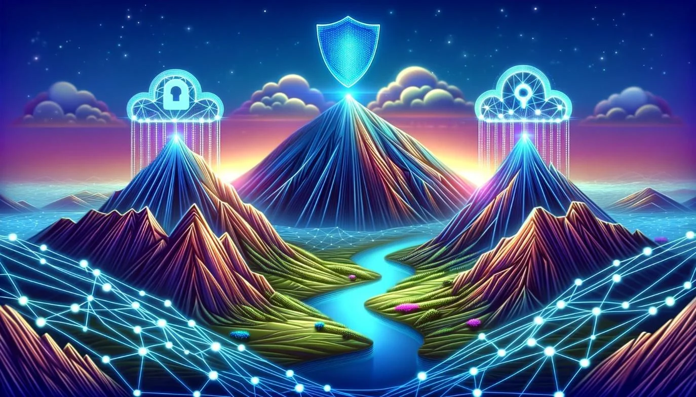 An illustration of blockchain trilemma represented as three mountains of scalability, security, and decentralization.