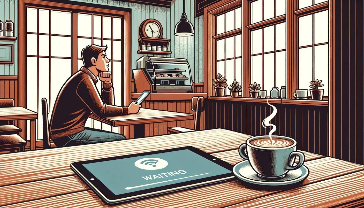 An illustration of a coffee getting cold as the blockchain transaction is processing.