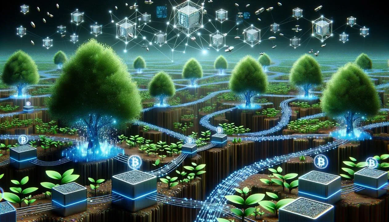 Interconnected green trees of blockchain with glowing pathways of blocks