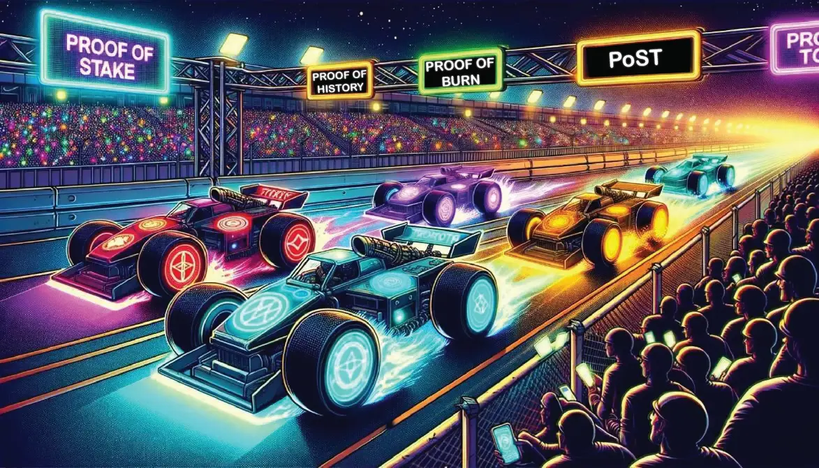 Unique cars on a race track representing different consensus mechanisms