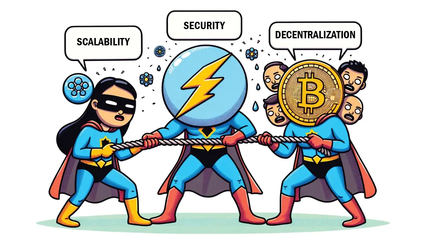 An illustration of blockchain scalability, security, and decentralization personified as superheroes fighting in a tug of war.