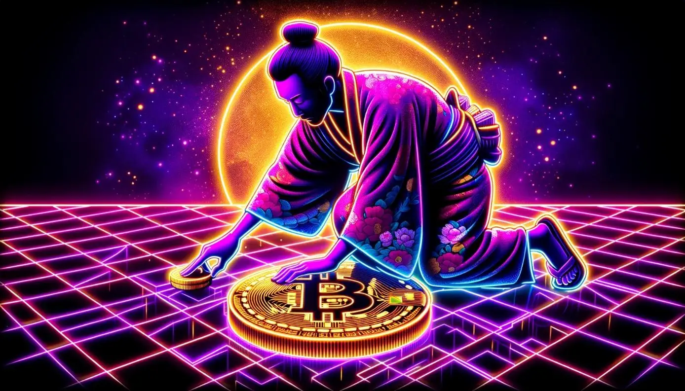 A neon-styled illustration of a Japanese figure placing Bitcoin on the floor.
