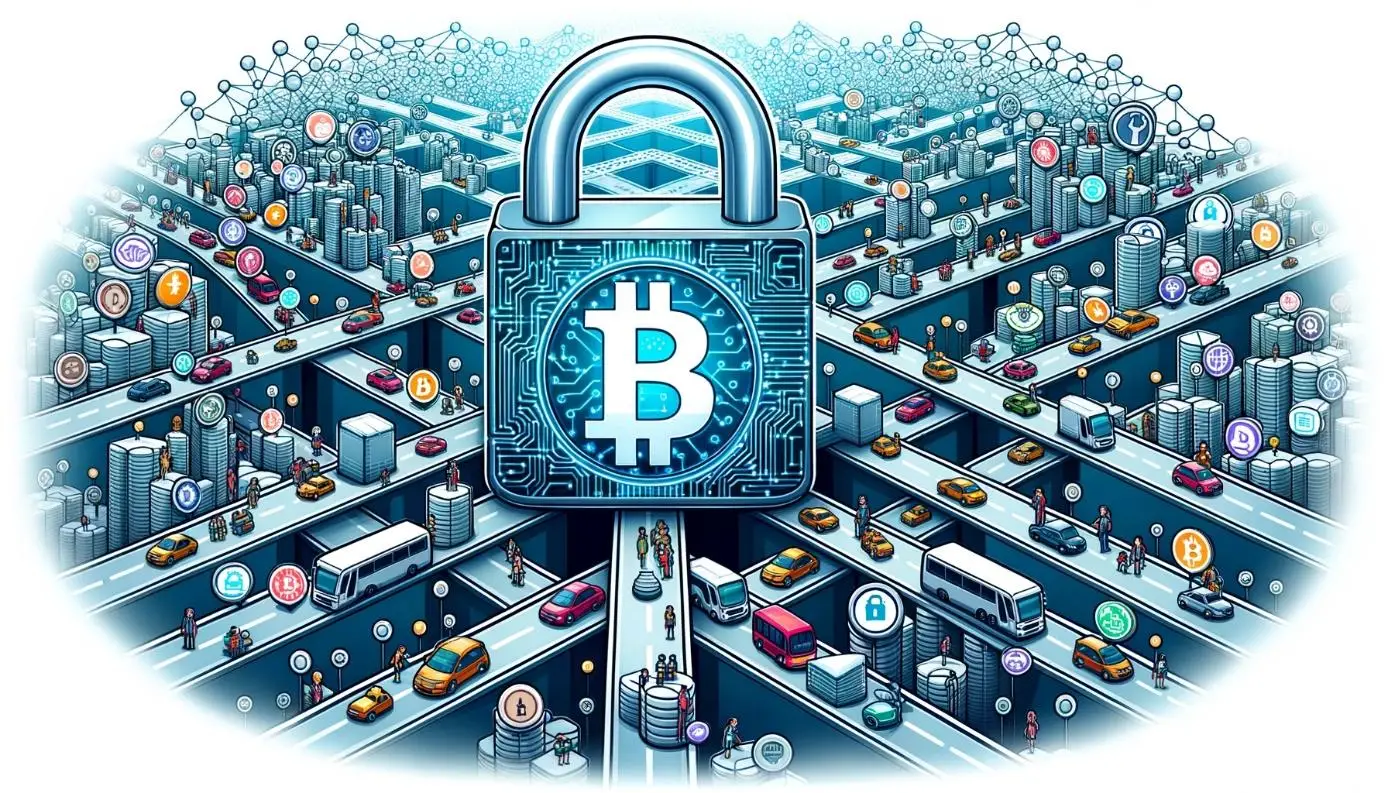 An illustration of connected roads having traffic with a lock of Bitcoin at the center