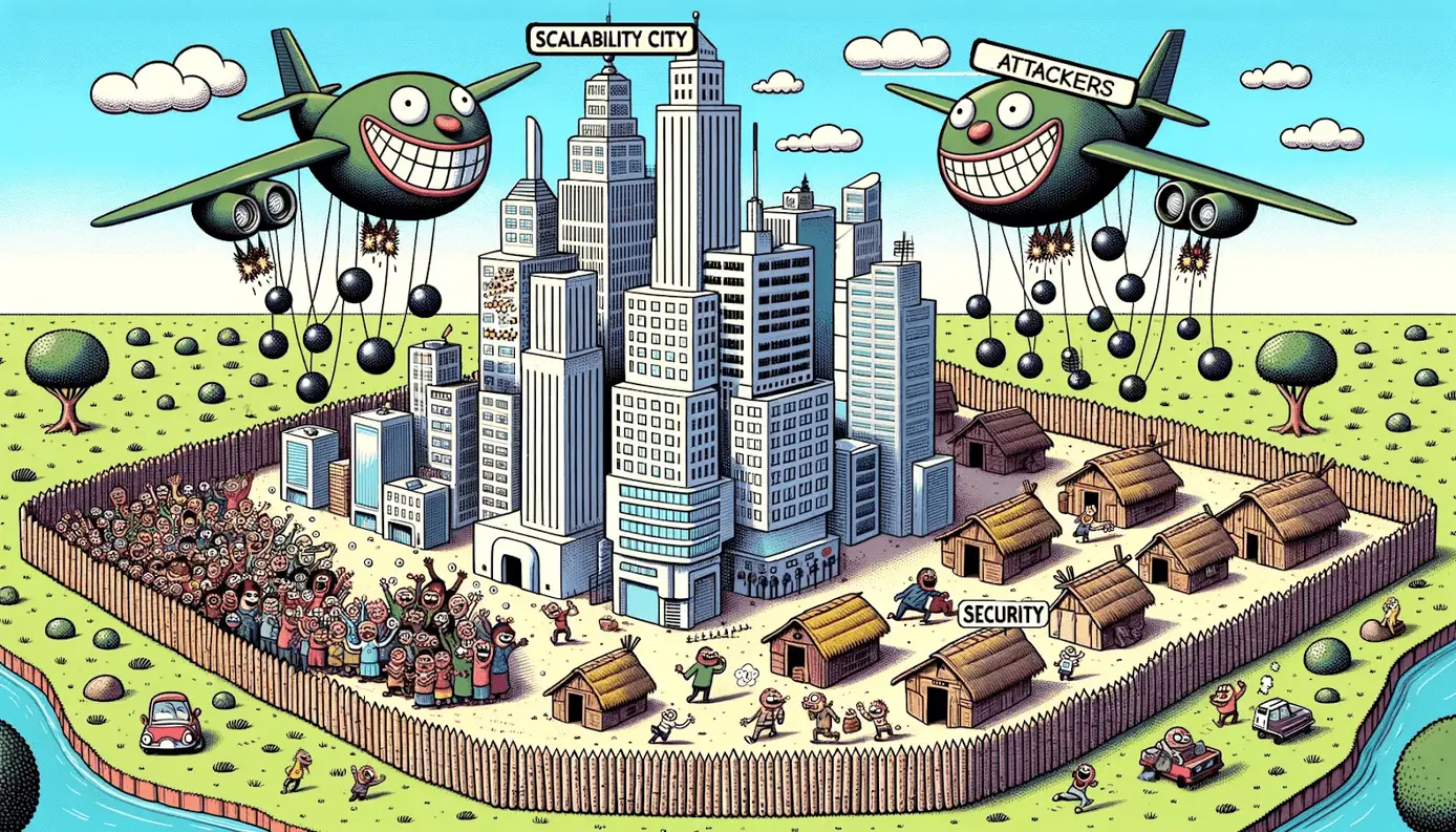 An illustration of a high-rise “Scalability City” surrounded by weak security of wooden walls and huts attacked by bomber aircraft.