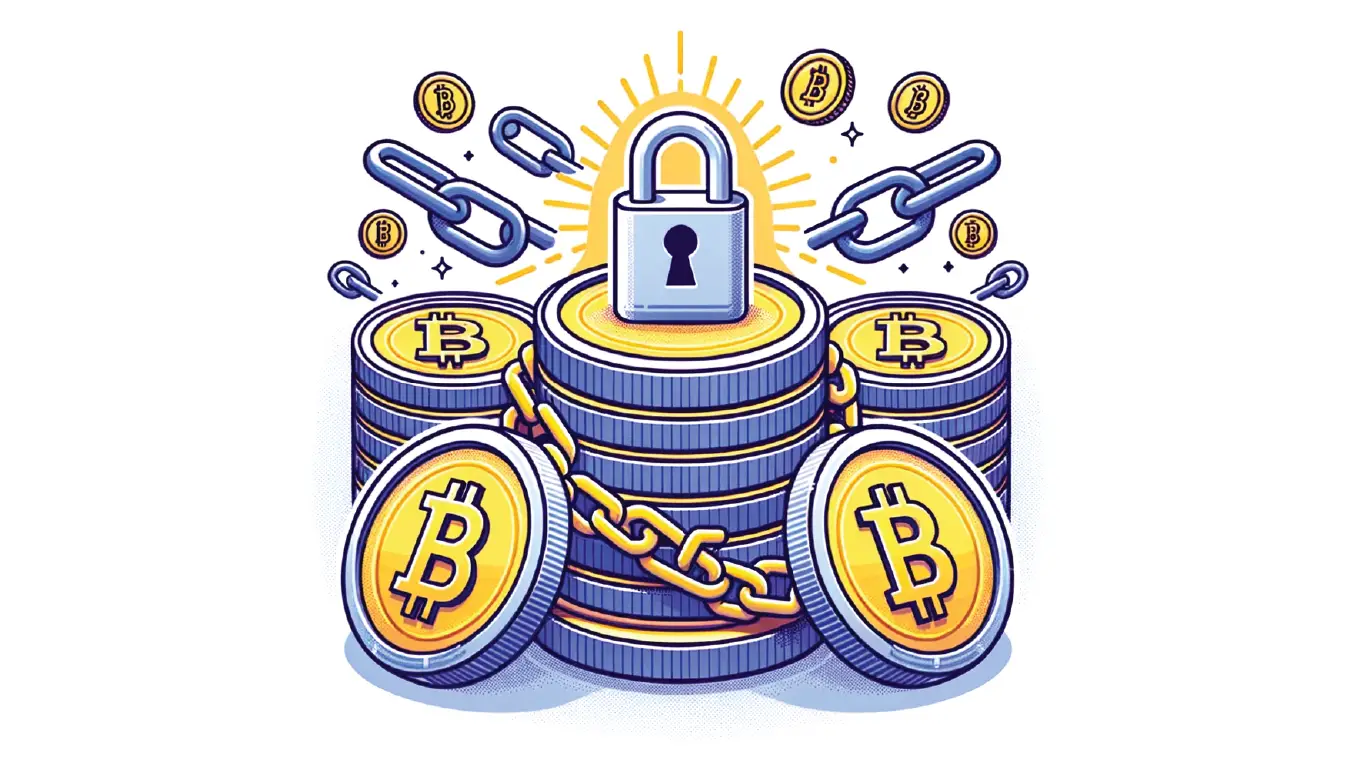 An illustration of stacked bitcoins representing staking