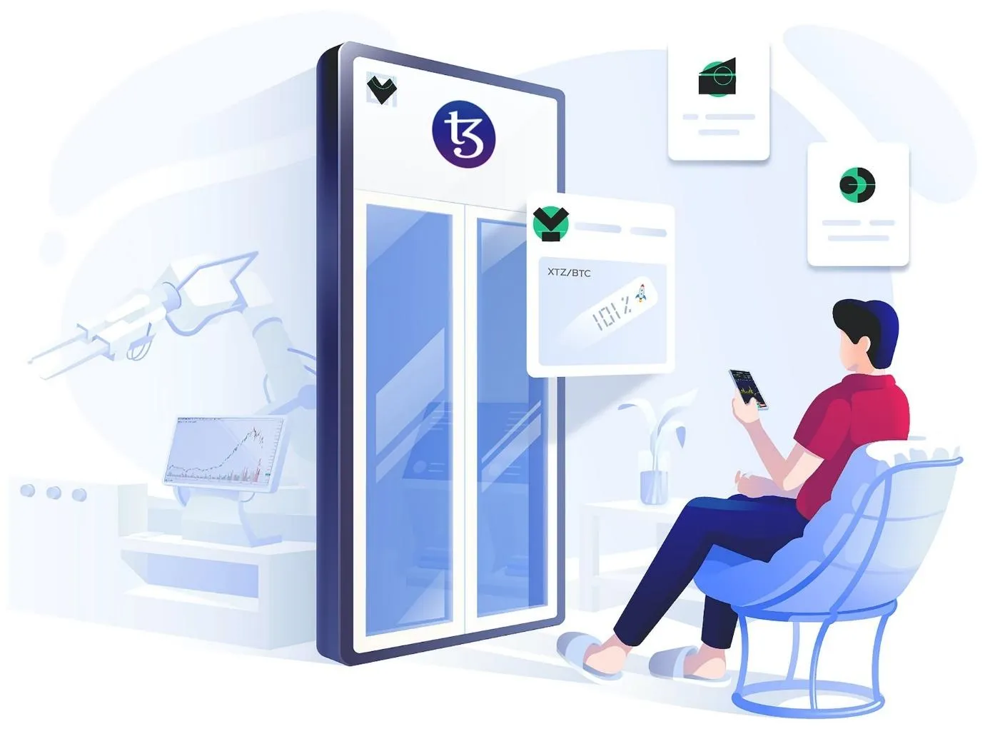 Blockchain application development An illustration of a person sitting on a chair using a phone
