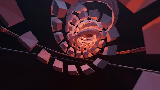 A spiral of red-hued blocks merging at the center