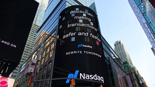 Nasdaq advert on spectacular reading as “Blockchain making transactions safer and faster”, “Rewrite tomorrow”