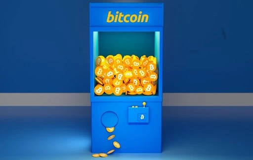 A blue-colored 3D illustration of a vending machine for Bitcoins