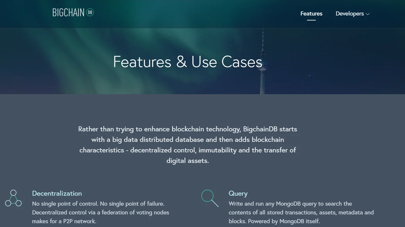 Landing page of BigChainDB describing its features and use cases