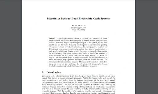 A screenshot of Satoshi Nakamoto’s paper titled “Bitcoin: A Peer-to-Peer Electronic Cash System”