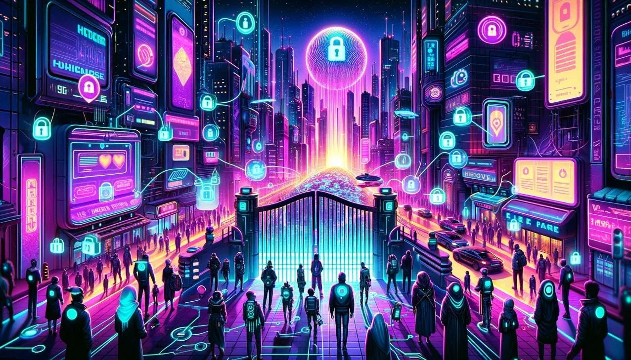 A Cyberpunk-styled illustration of a permissionless network, with security ingrained into every component.