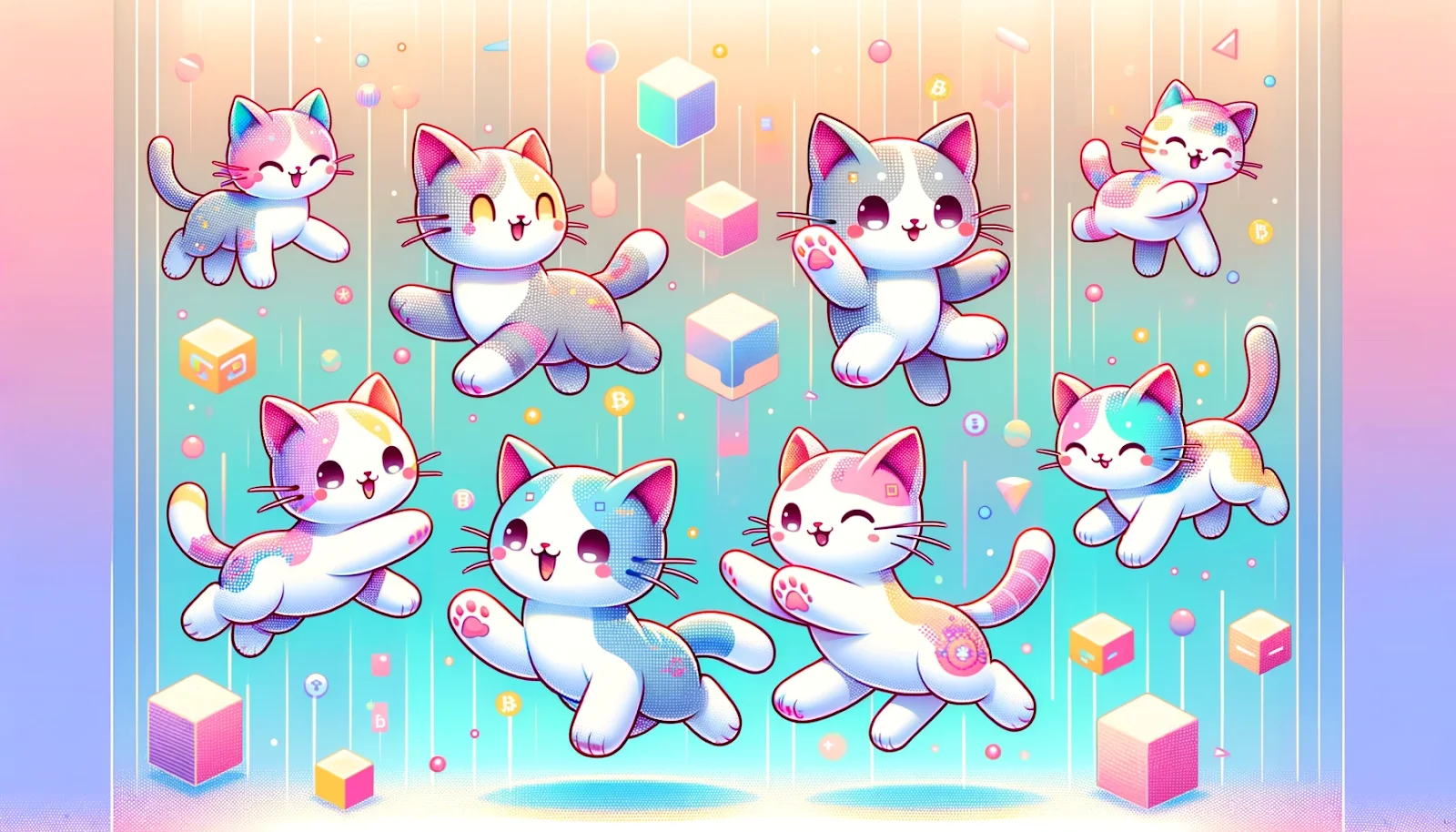 An illustration of multiple CryptoKitties arranged playfully in a 3D space with soft colors