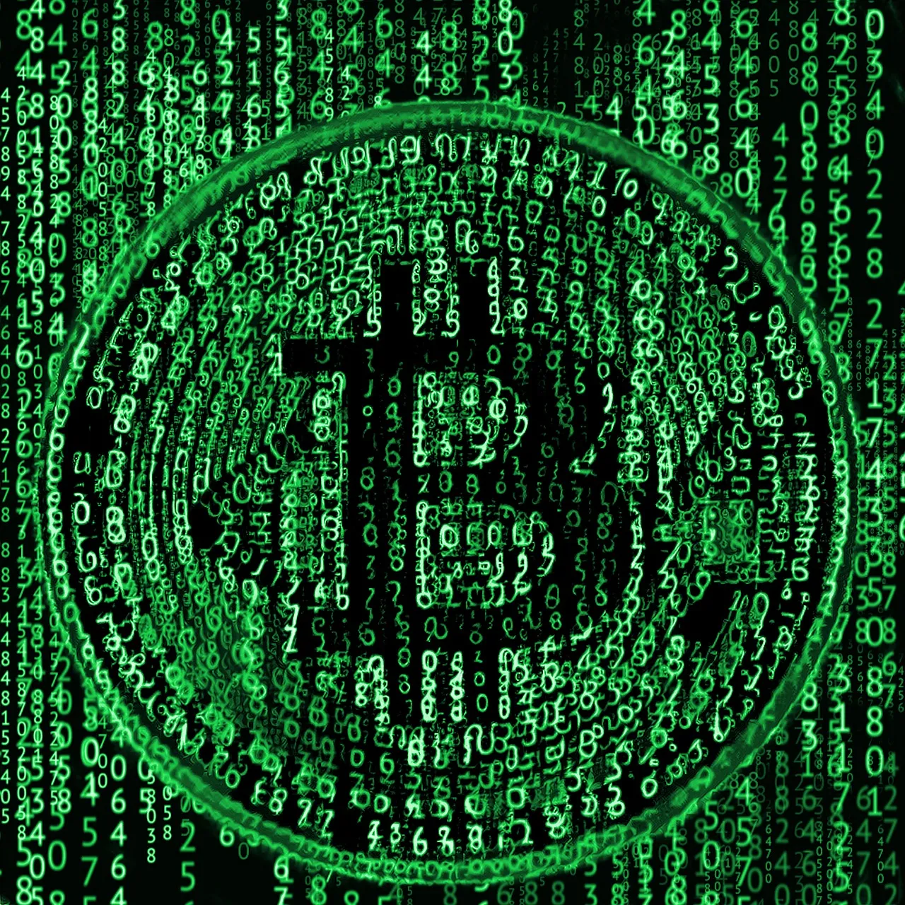 A Matrix-styled waterfall of green binary digits creating a Bitcoin symbol