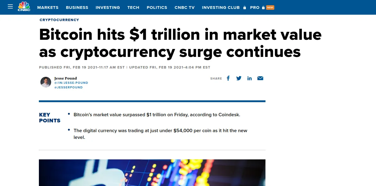 CNBC breaking the news of Bitcoin surpassing $1 trillion in market value