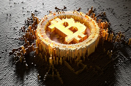 An image of a bitcoin symbol made up of small blocks protruding from below.