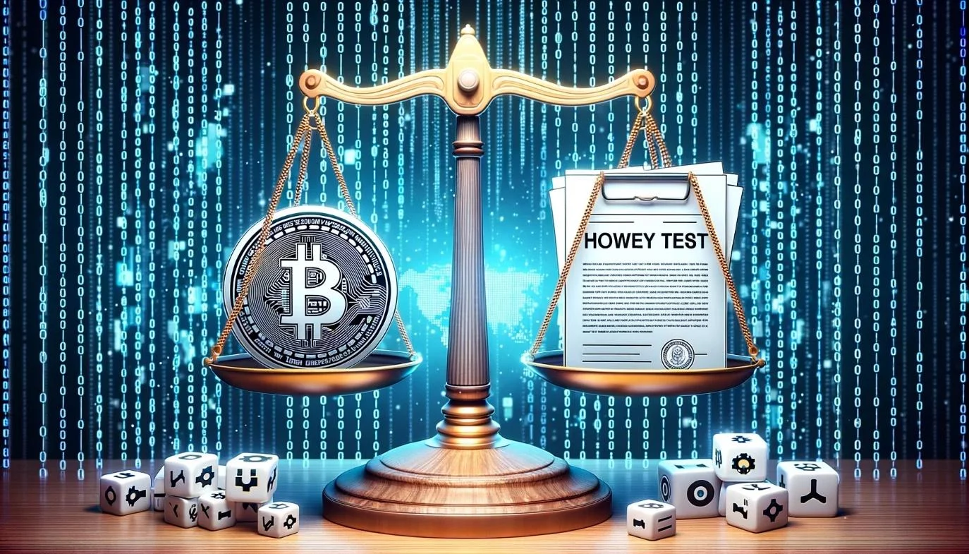 An illustration highlighting the balance between blockchain symbols and legal documents. 