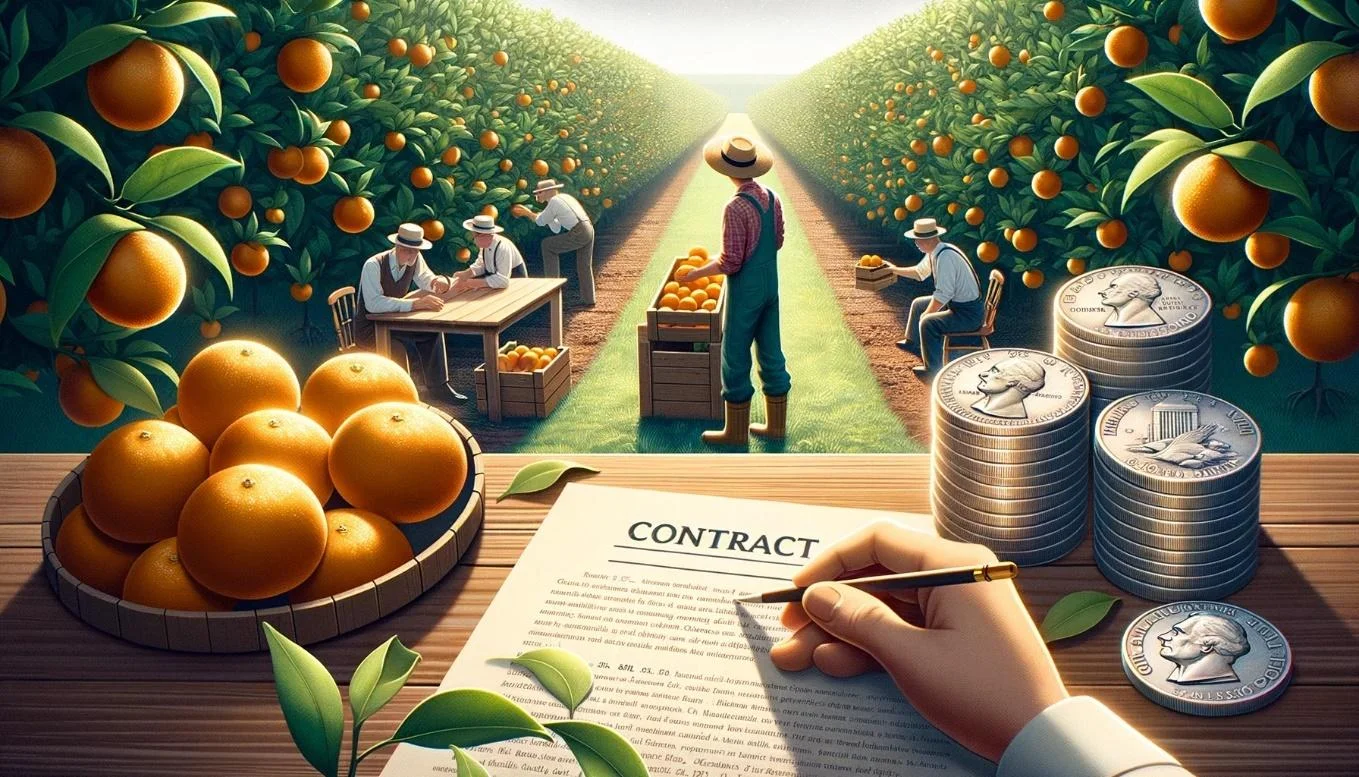 Farmers in a citrus grove with a contract on a table, surrounded by U.S. Steel Cents and Silver Nickels.