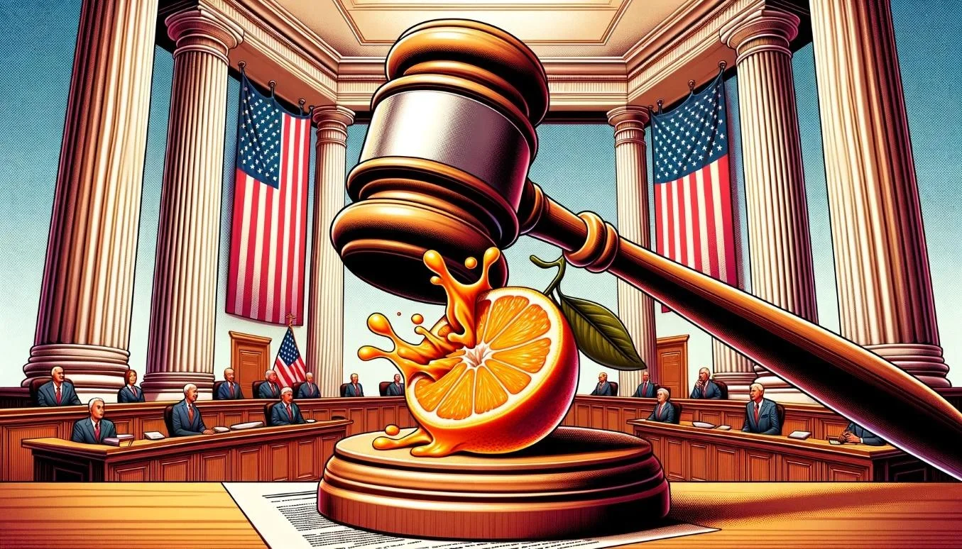 A courtroom with grand pillars and the American flag, focusing on a gavel descending on an orange atop an investment contract.
