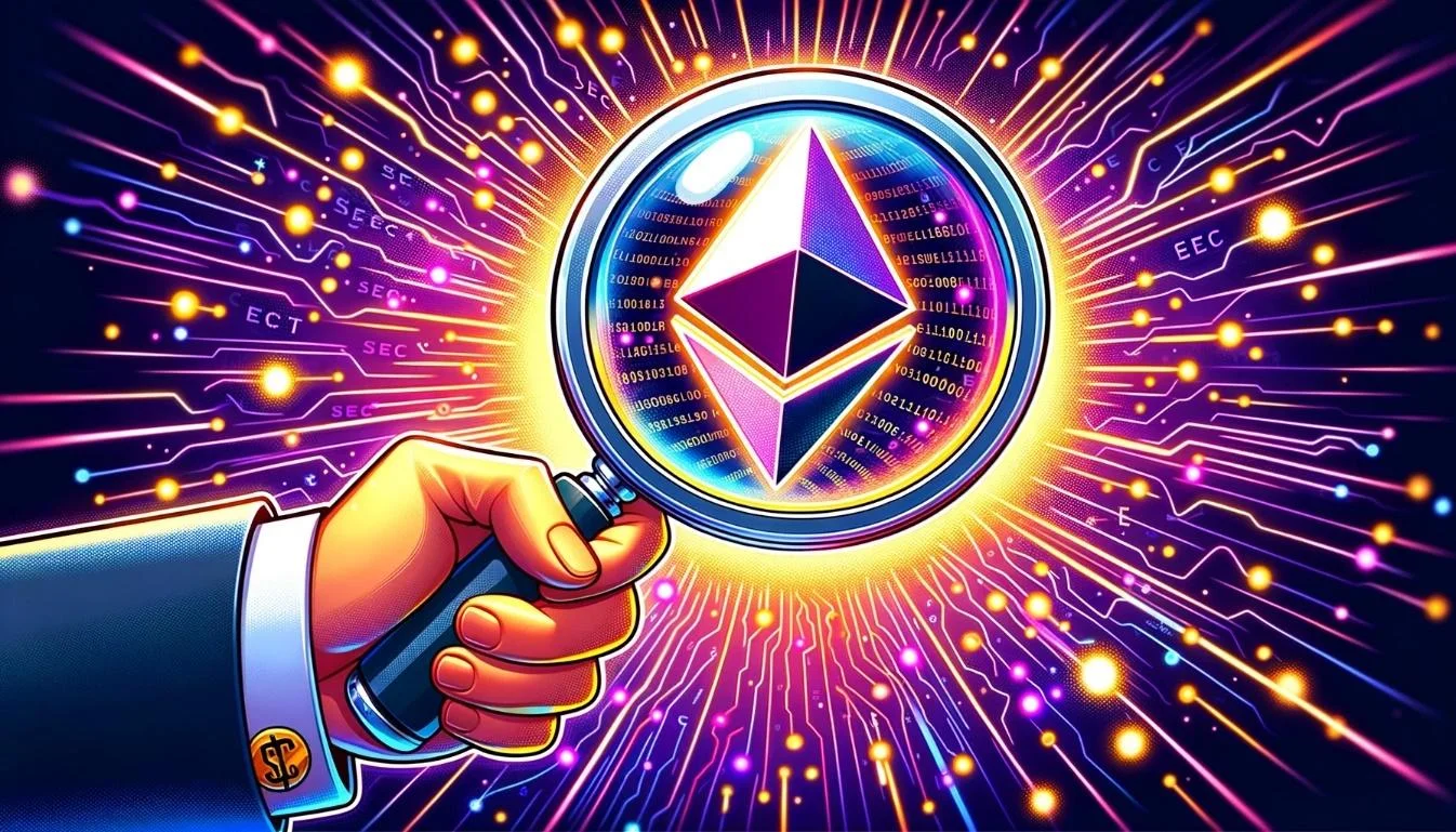 A hand with a magnifying glass focusing on the Ethereum logo, which glows under scrutiny amidst digital elements.