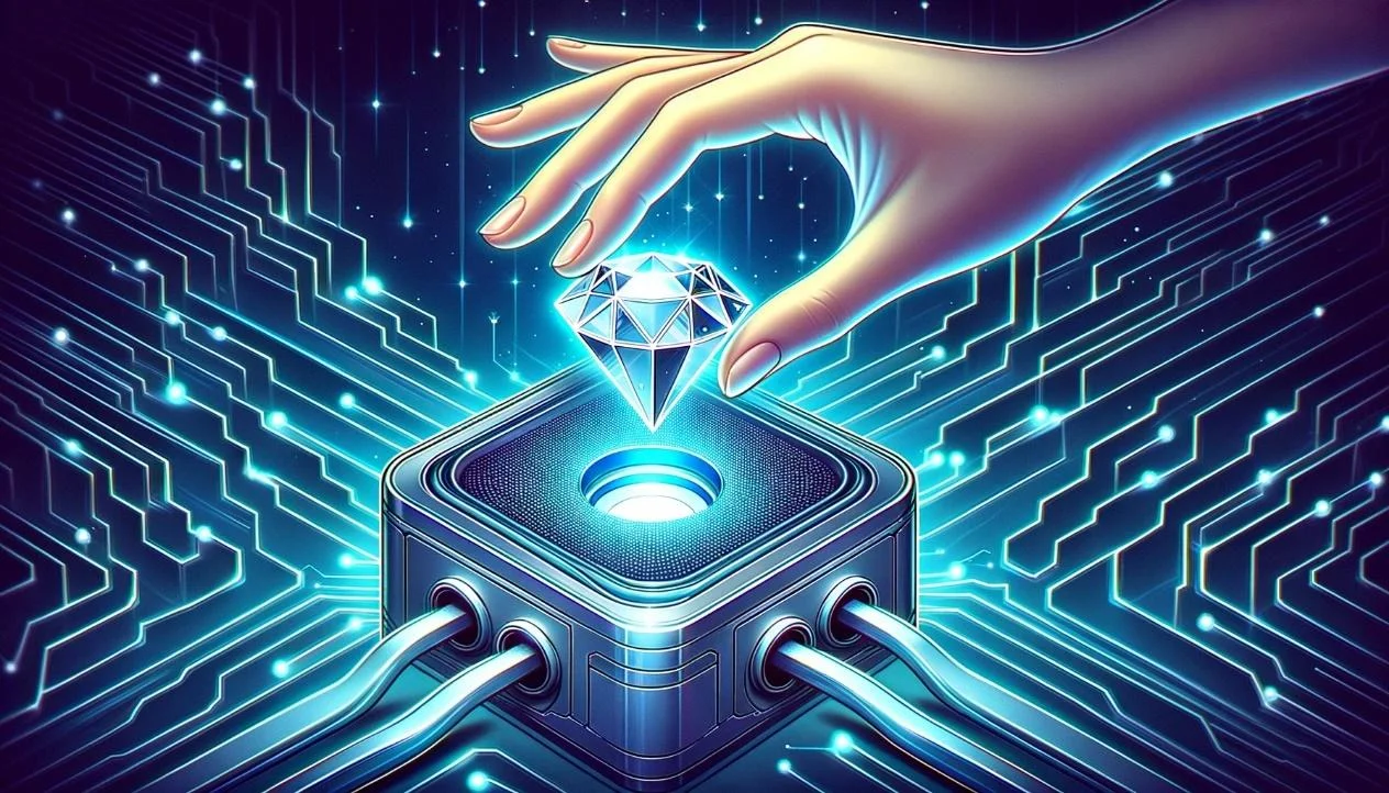 An investor inserting a radiant diamond into a futuristic blockchain machine, illustrating the concept of valuable asset investment.