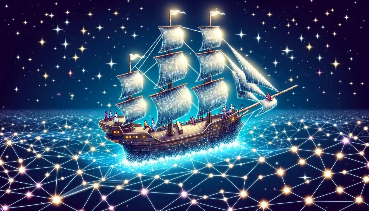 A ship sailing digital blockchain waters, with a crew of investors navigating together.
