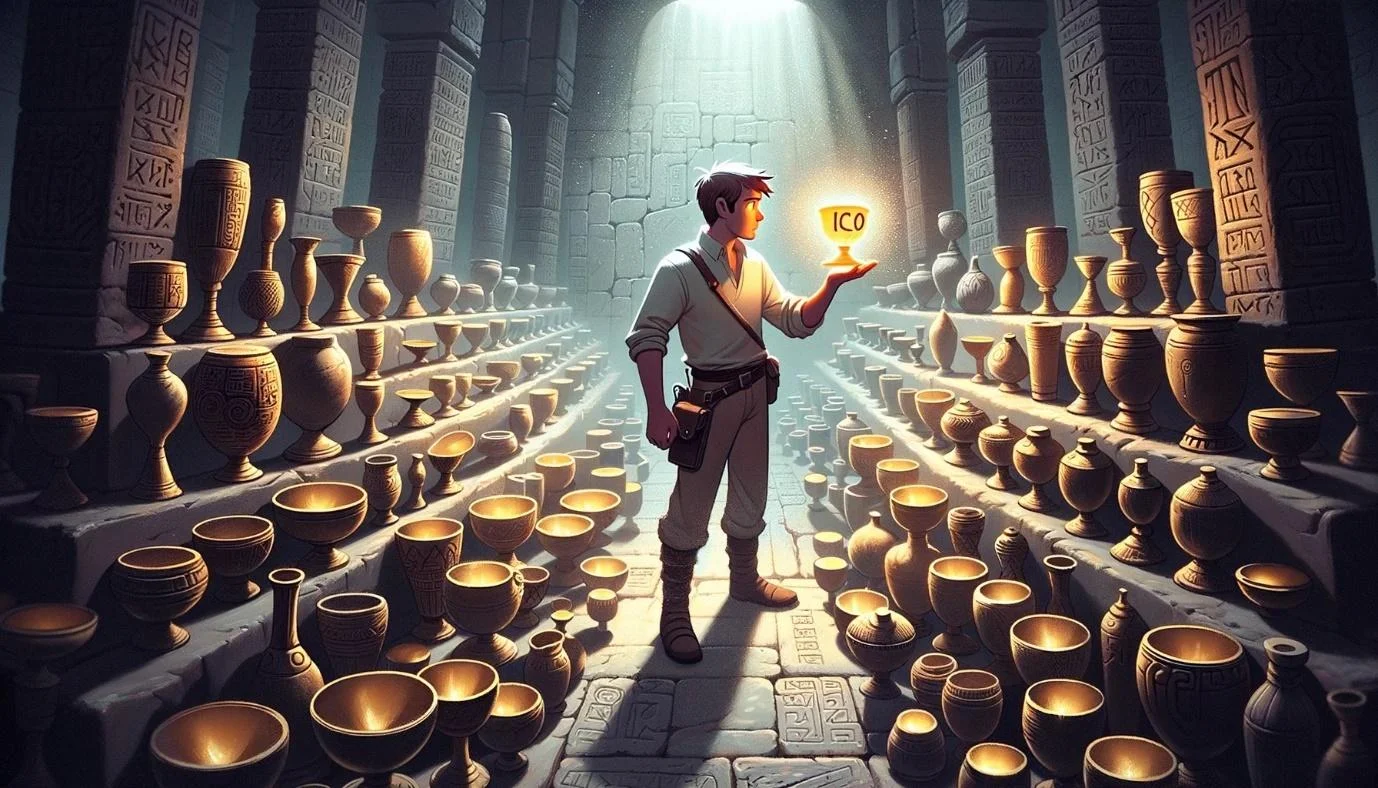  An illustration of Indiana Jones holding a glowing chalice with ICO written on it
