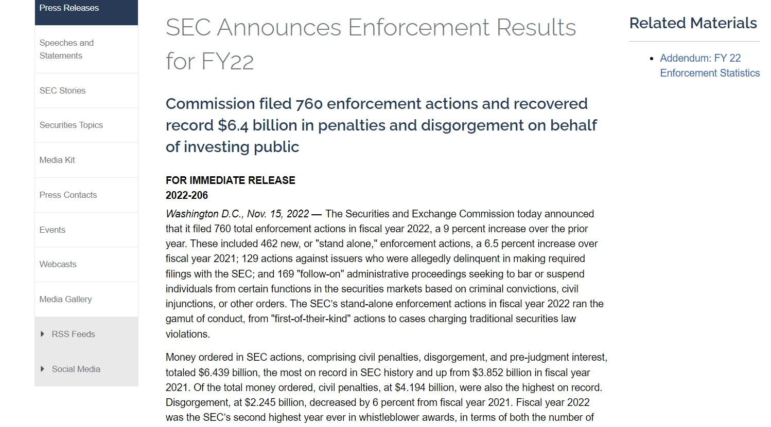 SEC’s bulletin announcing the enforcement results for FY22 with 760 enforcement actions and $6.4 billion recovered