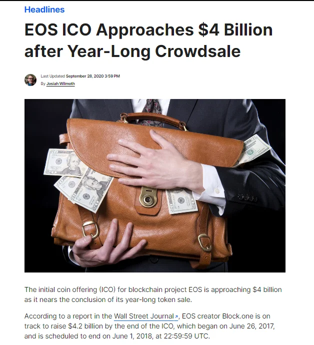 A news report informing about EOS’s ICO raising over $4 billion