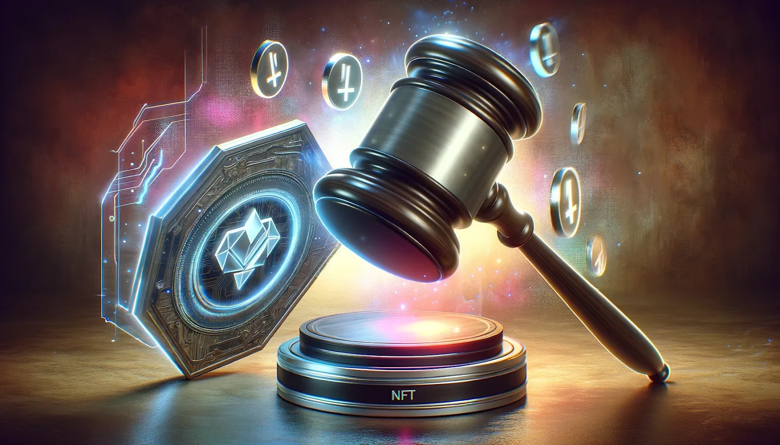 An illustration of a gavel with digital assets flying around