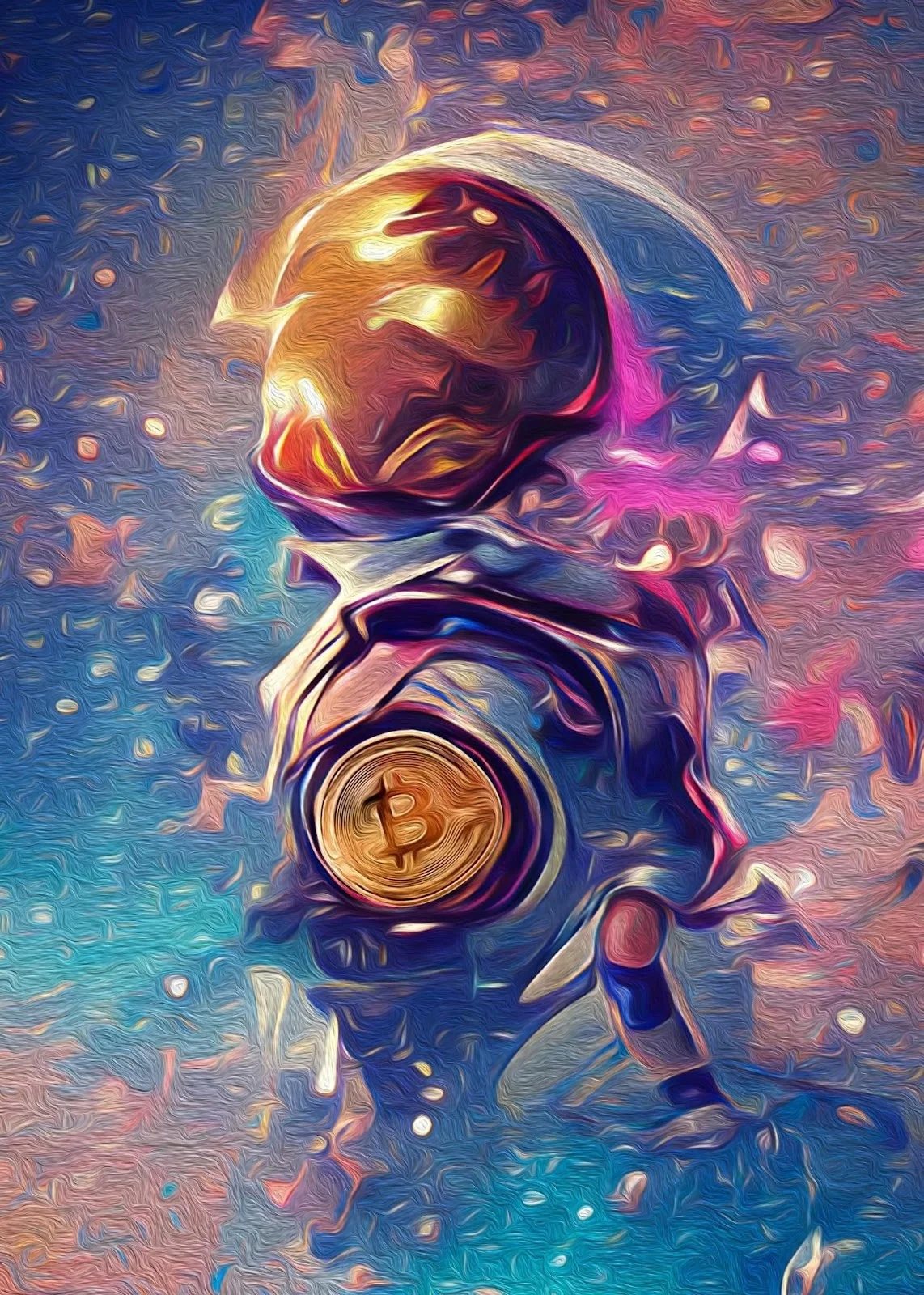 A digital art on Bitcoin and a faint astronaut-like figure.