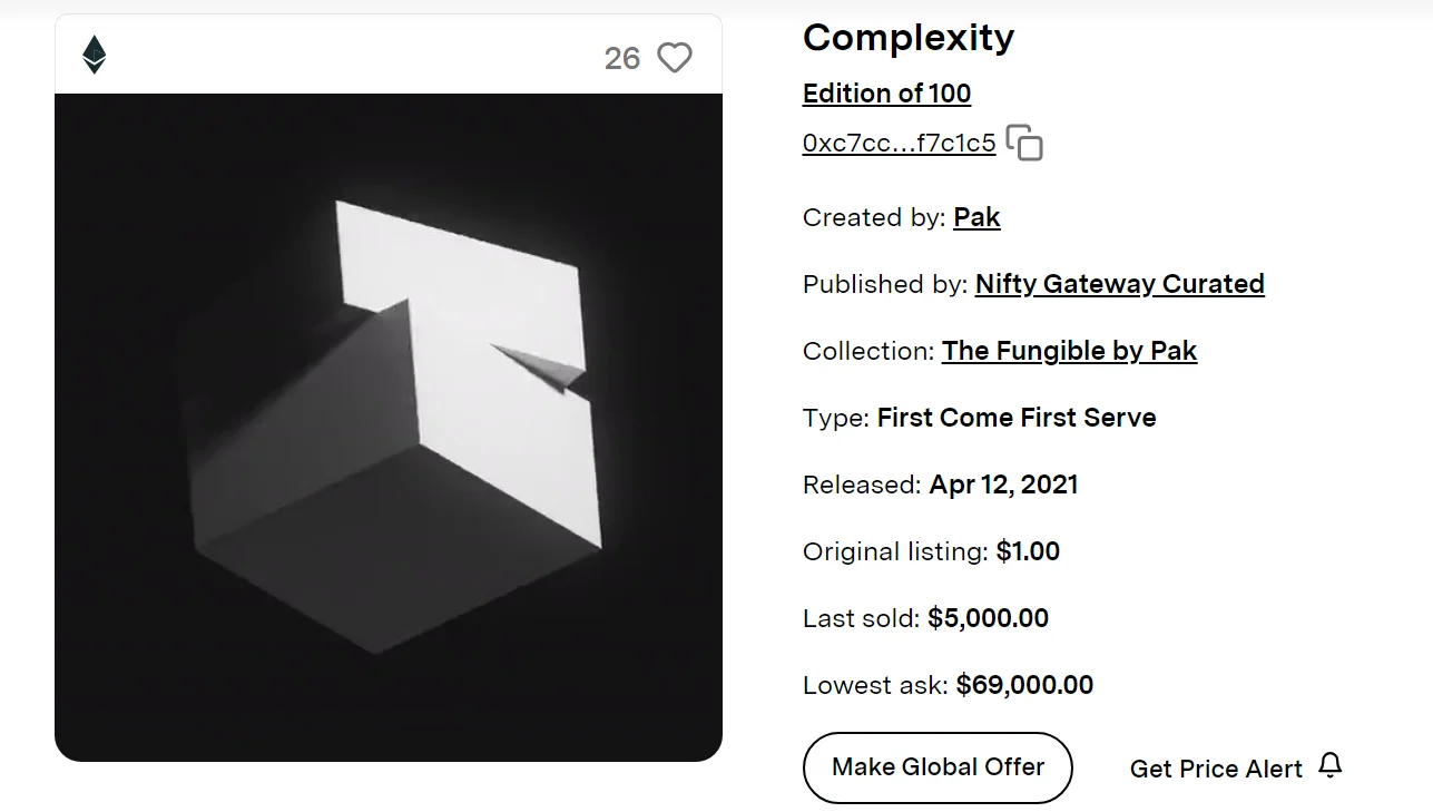 The listing of “Complexity” NFT by Pak on Nifty Gateway