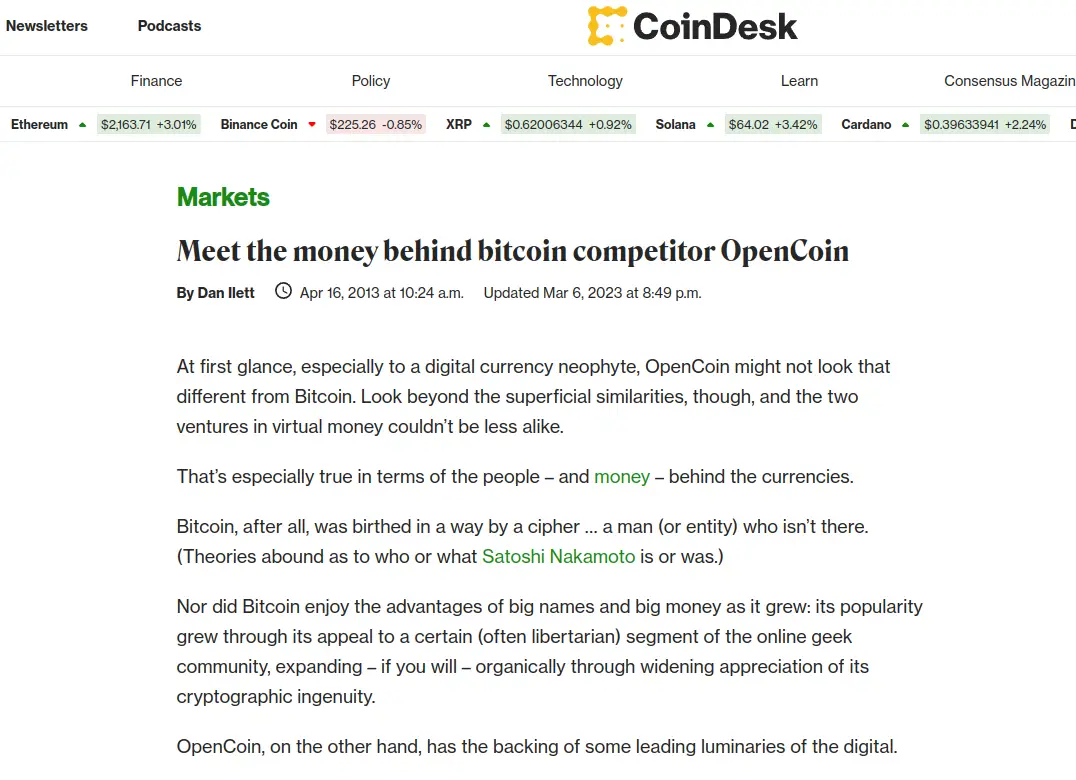 A CoinDesk report detailing OpenCoin investment.