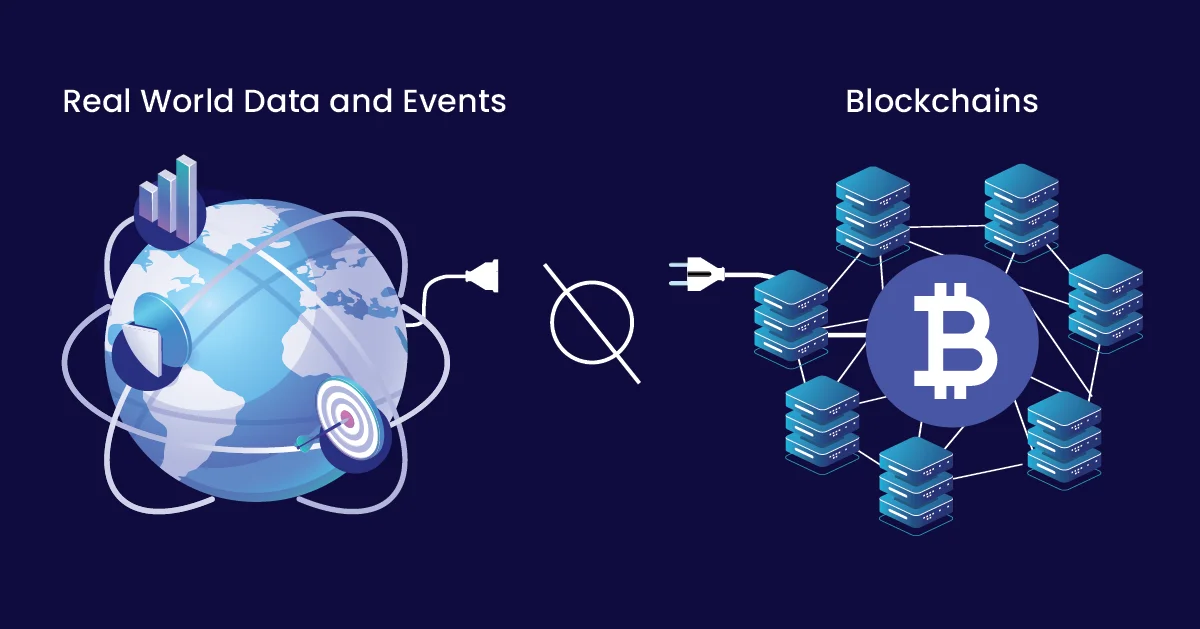 Illustration of worlds with real-world data (left) and blockchain (right) waiting to be connected via electrical sockets