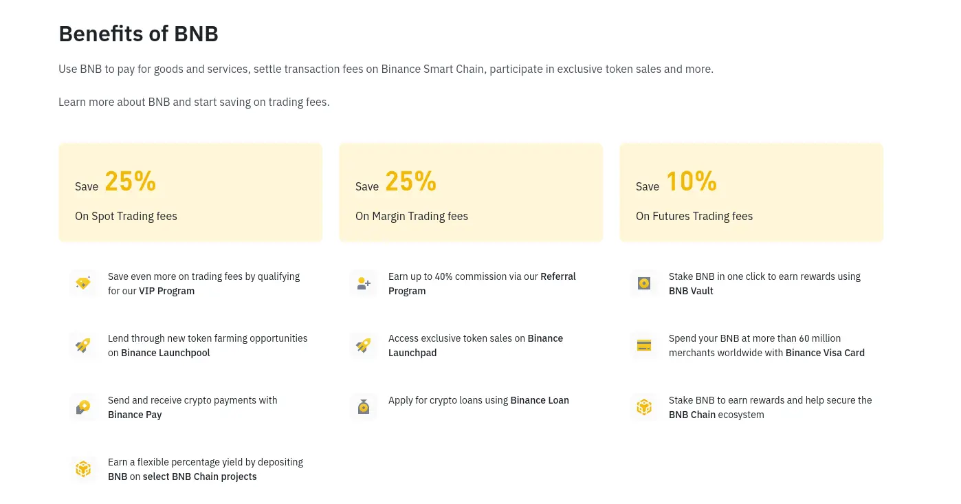 Binance enumerates the benefits of BNB