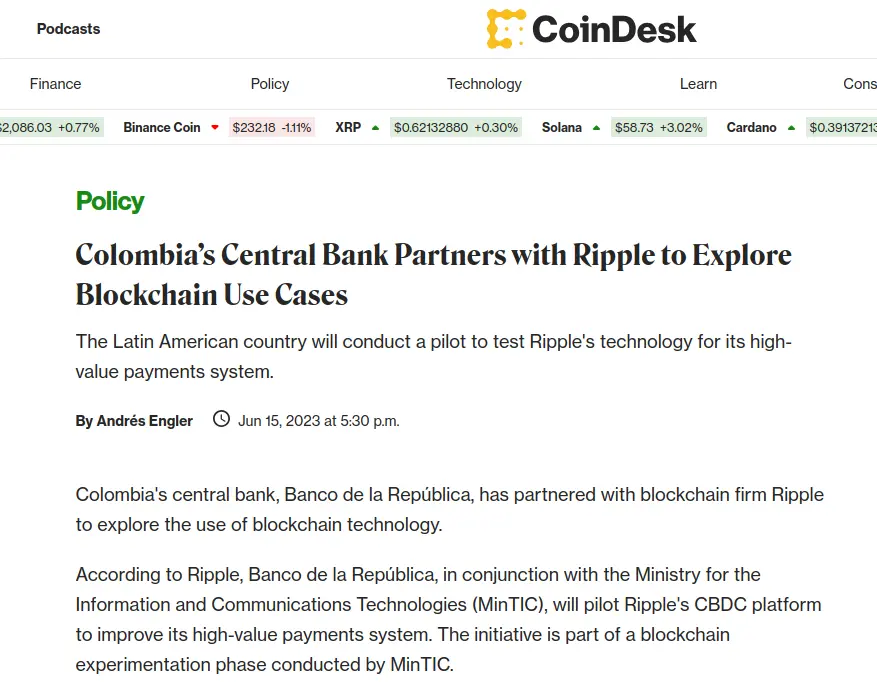 CoinDesk breaking the news of Colombia’s Central Bank partnership with Ripple
