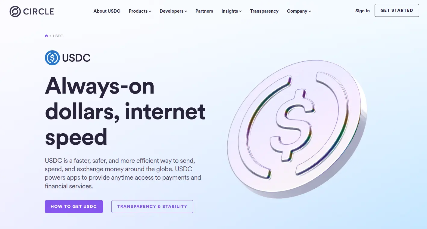 Landing page of USDC