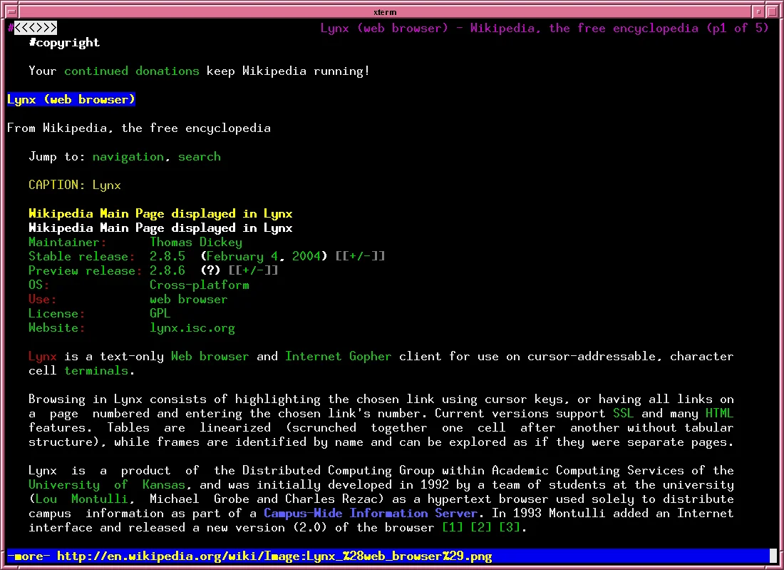 A screenshot of Wikipedia page from 2004 in CLI browser
