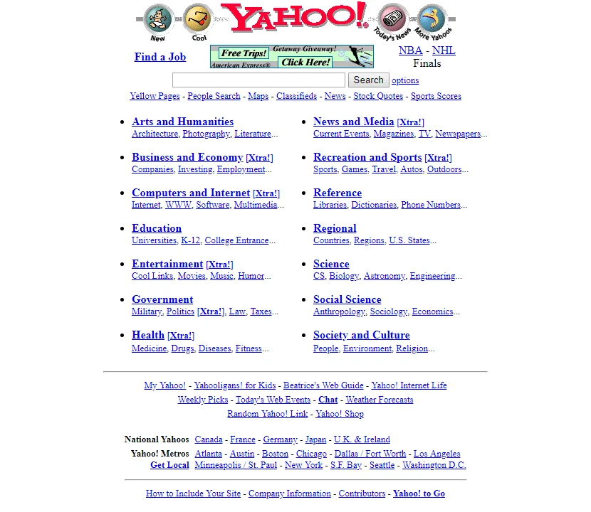 A screenshot of Yahoo search in late-90s