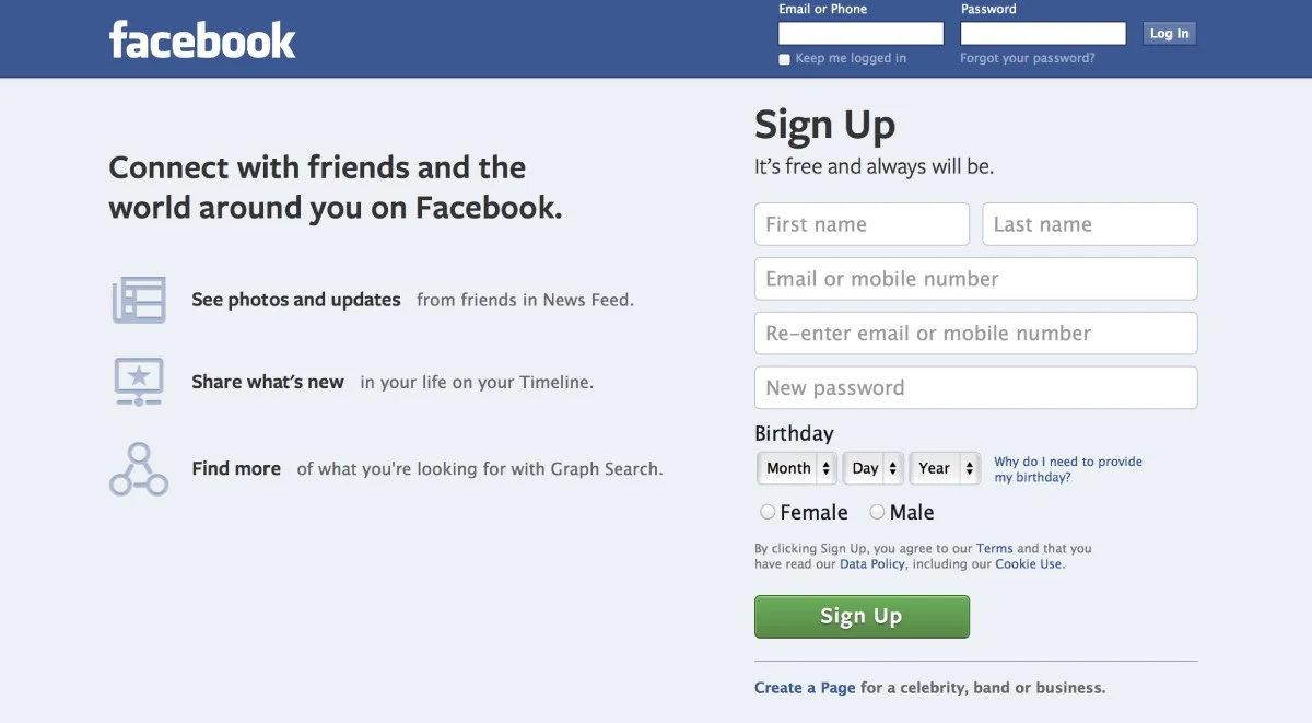 A screenshot of Facebook login page from early 2010s