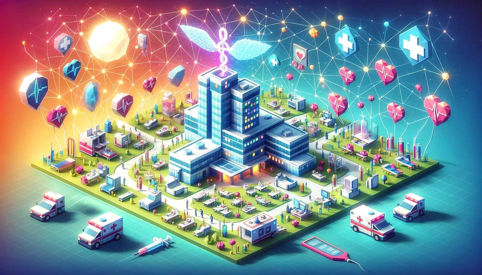 Blockchain Technology in Healthcare A low poly image with connected blocks and a hospital at the center.