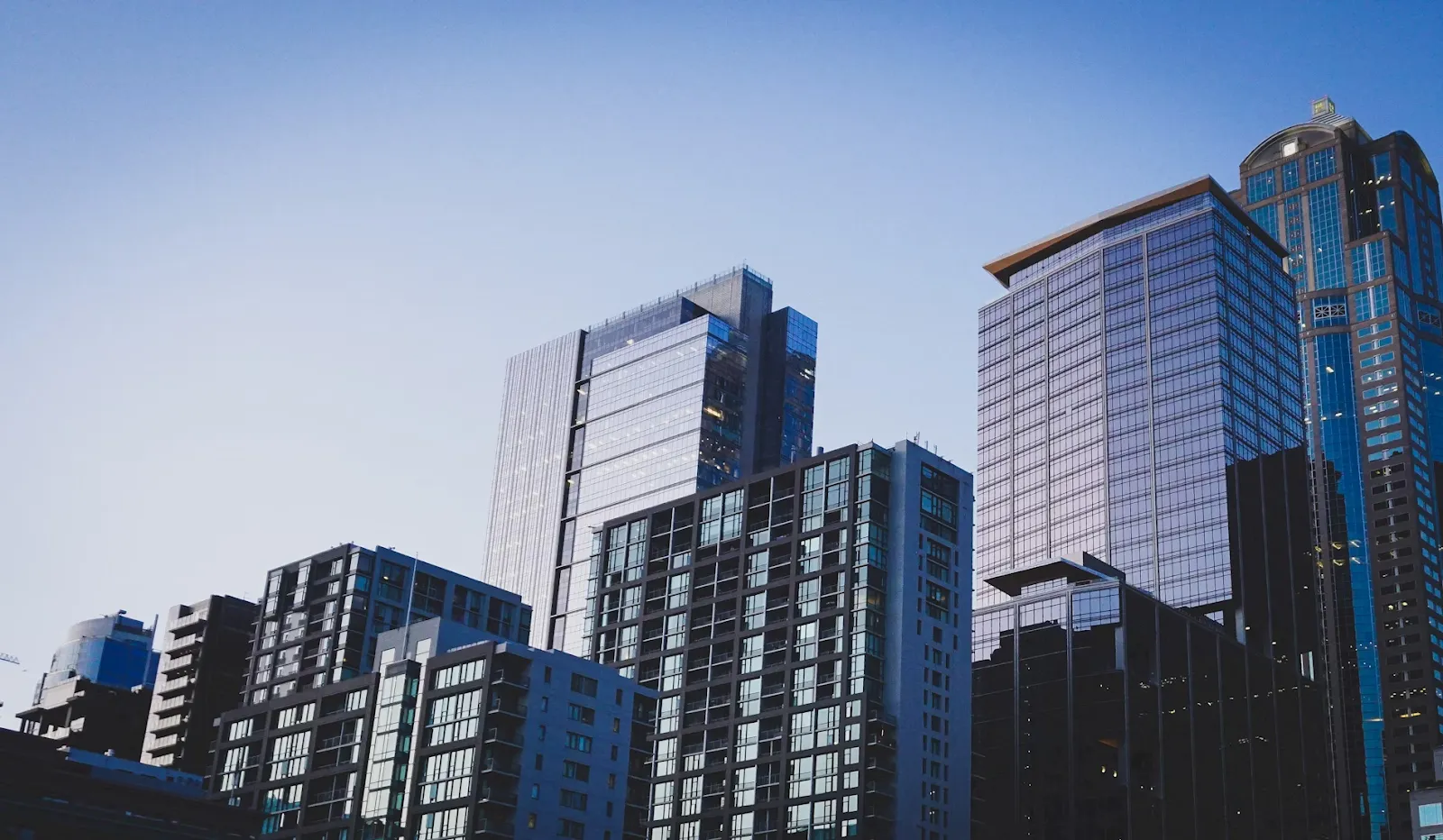 Real estate blockchain Skyscrapers at dusk