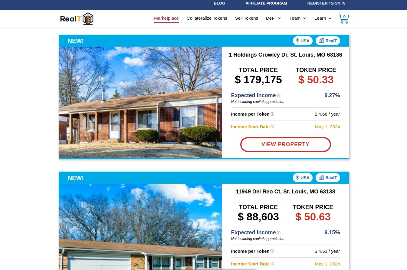 Real estate blockchain Tokenized real estates listed on the RealT marketplace