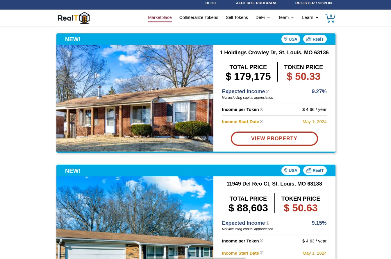Tokenized real estates listed on the RealT marketplace