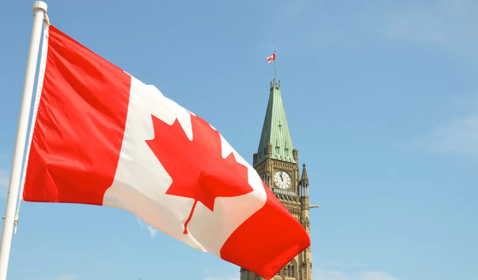 Canadian flag on Parliament Hill in Ottawa in front of the parliament building