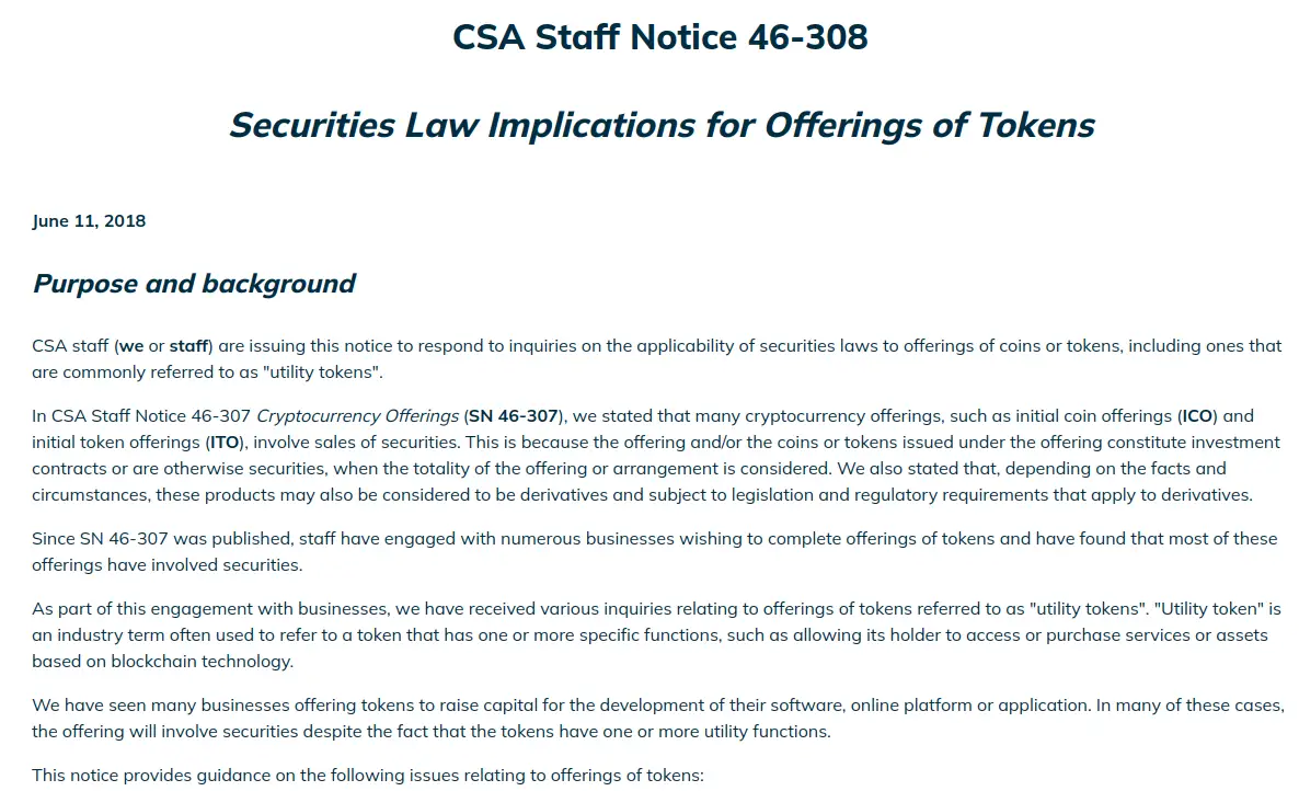 Crypto regulations for crypto businesses CSA Staff Notice 46-308