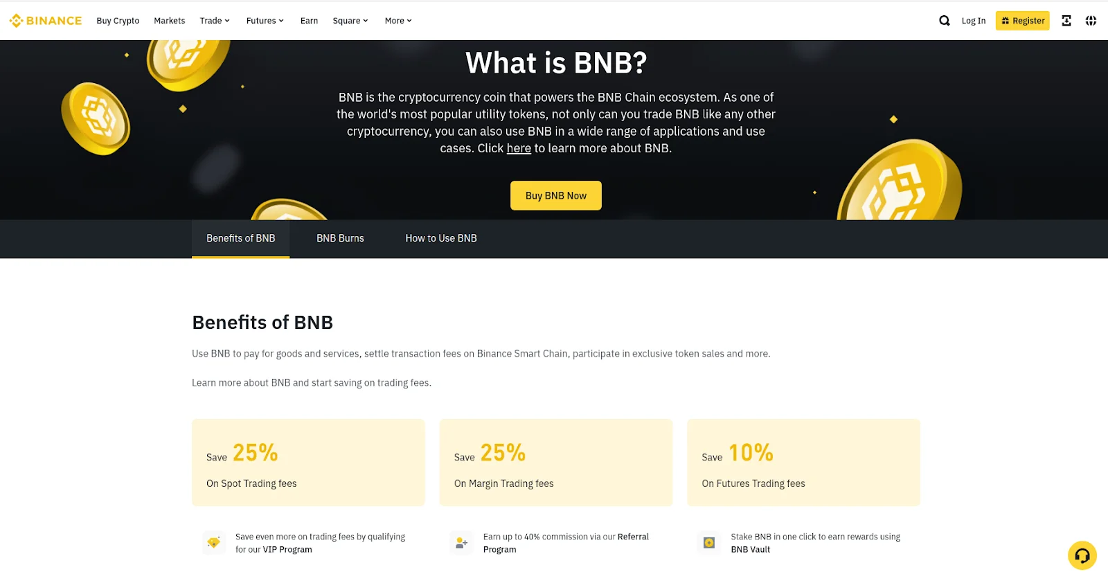 Binance landing page explaining the benefits of BNB